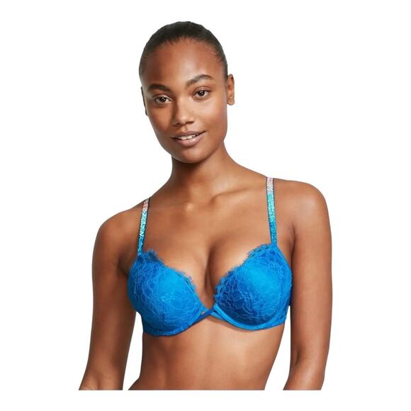 32B Victoria's Secret Bombshell Add-2-Cups Push-Up Bra blue lace shine straps - Picture 2 of 10